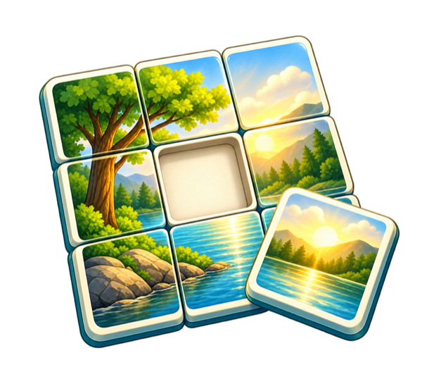 A photo tile floating beside the gap it fills in a colorful picture puzzle